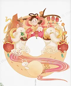 环形创意大气中秋节嫦娥奔月商业插画设计