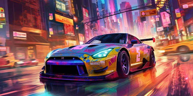 A GTR racing car is flying, graffiti, spray painting, colorful, the ...