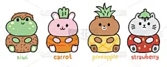 水果和蔬菜中的一组可爱的动物。宠物和野生动物的漫画设计集。猕猴桃，胡萝卜，菠萝，草莓。.