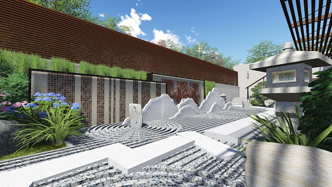 日式枯山水与现代风格景墙的结合