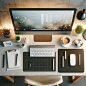 Create an image of a modern office desk from a top-down perspective, designed for a workspace. The desk should have items like a keyboard, mouse, notepad, a cup of coffee, and a place for a pen holder. There should be an organized and clean layout with a 