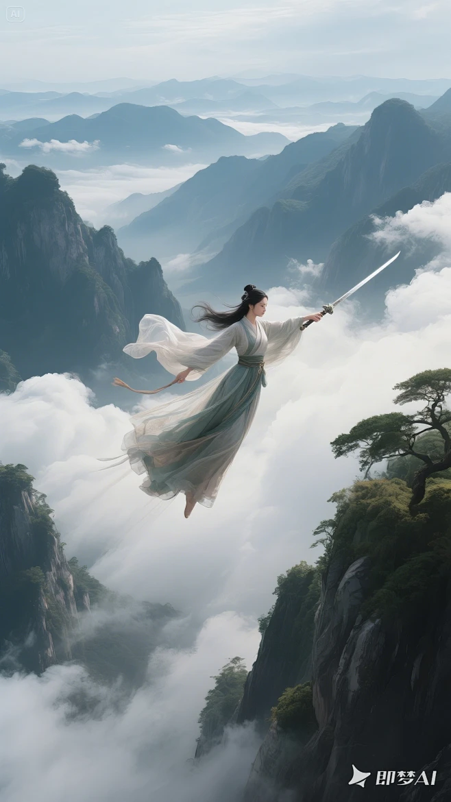 云景，御剑飞行的绝色美女，远景崇山峻岭，深邃感，电影大片感(10)-花瓣网