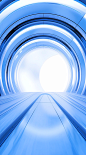 Tunnel with blue and white interior, abstract image, in the style of futuristic spacecraft design, transparency and lightness, chrome-plated, circular shapes, light sky-blue and indigo, streamlined design, high resolution
