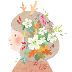 头像 鹿角 侧脸 女孩 花 想象 