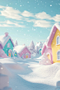 3D cute cartoon minimal Christmas game scene, colorful pastel color scheme, snow as the focus foreground, shot from below, one-point perspective with snow-covered houses, pastel sky background, snowy landscape, photorealistic,