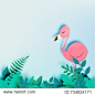 Flamingo in paper art style with jungle background vector illustration 