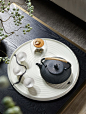 邸高家居新中式白色墨纹陶瓷托盘样板间客厅茶室茶桌收纳圆形茶盘