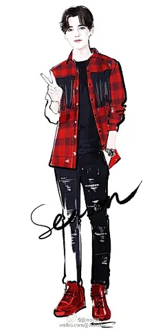 #jjseason插画# #时尚##插画# ----- 8月3日，美少年鹿晗@M鹿M  身穿Valentino2016秋冬系列格纹衬衫搭配GiuseppeZanottiDesign 红色运动鞋，酷帅亮相电影《盗墓笔记》发布会。O青春美少年鹿晗