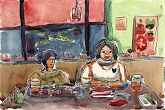 城市水彩画素描插画咖啡厅快餐店室内女孩用餐