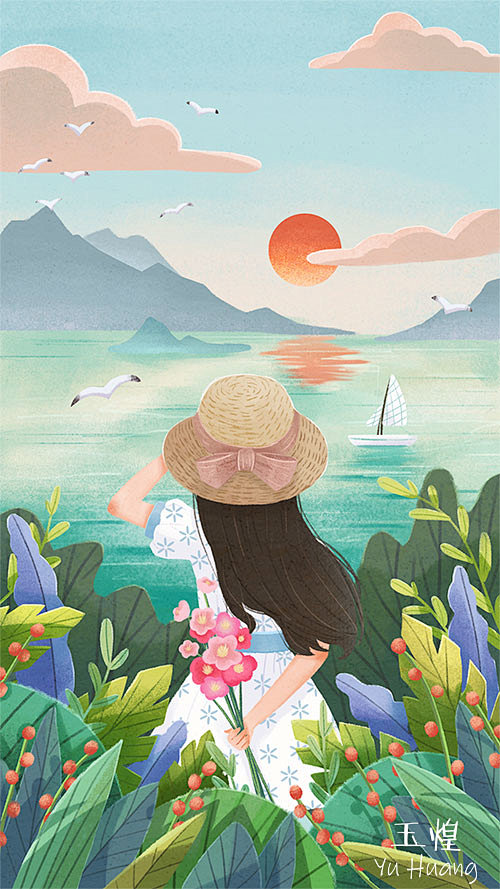 玉煌-扁平人物插画 面朝大海 植物 海边...