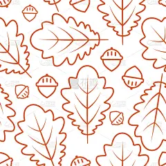秋天无缝图案与橡树叶和橡子。轮廓程式化的绘图在白色的背景。向量