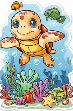 AI数字艺术卡通海洋动物海龟涂鸦插画贴纸-众图网