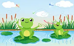 蓝色卡通池塘青蛙大自然插画
