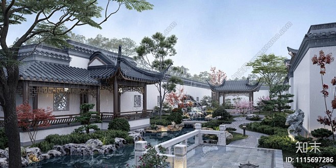 新中式建筑庭院景观合集 效果图欣赏_【知...