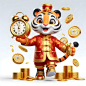 fortune tiger slot game character holding gold clock with white plain background