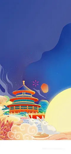 国潮手绘国庆中秋双节同庆天坛宣传插画海报 (6)