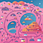 Two Dots Games Illustrated Maps : A series of maps created in vector illustration with Adobe Illustrator featuring Chand Baori Stepwell, India, Futuristic cities, Petra Ancient City, floating islands, Breast Cancer Awareness, a treehouse village, and a wa
