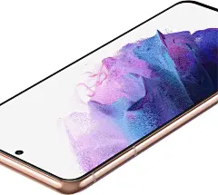 水平摆放的梵梦紫Galaxy S21 5G智能手机特写，一定的摆放角度使得屏幕上显现珊瑚艺术壁纸，展示出屏幕明亮而逼真的颜色。