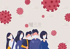 人群戴着医用口罩，旗帜和海报宣传抗击covid -19冠状病毒疫情概念。全球大流行病毒警报，平面数字
