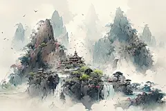 古风建筑古风山水树木壁纸素材