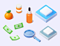 This may contain: an assortment of items that include soap, magnifying glass, money and orange