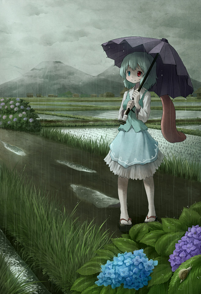 #东方project# #多多良小伞# 1girl aqua_hair arinu building cloud cloudy_sky ...
