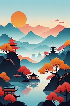 唯美国潮风扁平山水意境插画