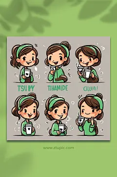 数字艺术动画举茶杯人物手账贴纸表情包-众图网