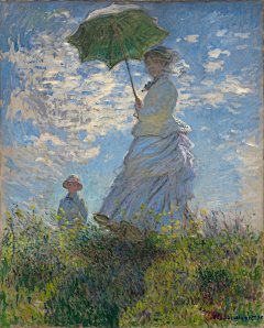 39-莫奈-Woman with a Parasol - Madame Monet and奥斯卡-克劳德·莫奈Oscar-Claude Monet（1840～1926），印象派代表人物和创始人之一。虽然他本人并不追求理论研究，然而他卓越的敏锐感觉却在不知不觉间改变了绘画的历史潮流。莫奈擅长光与影的实验与表现技法。改变了阴影和轮廓线的画法，看不到非常明确的阴影，也看不到突显或平涂式的轮廓线。光和影的色彩描绘是莫奈绘画的最大特色。色彩的运用相当细腻，常在不同的时间和光线下，对同一对象作多幅描绘。