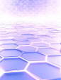 3d rendered background with a purple floor and white hexagons, in the style of light-filled landscapes, precisionist lines and shapes, webcore, transparent layers, scientific approach, blue and white glaze, high-key lighting