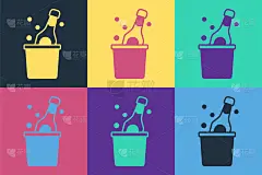 波普艺术一瓶香槟在一个冰桶图标孤立的颜色背景。向量