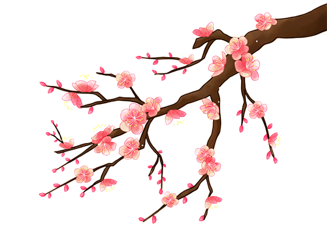 春季鲜花桃花绿叶手绘元素_PNG：