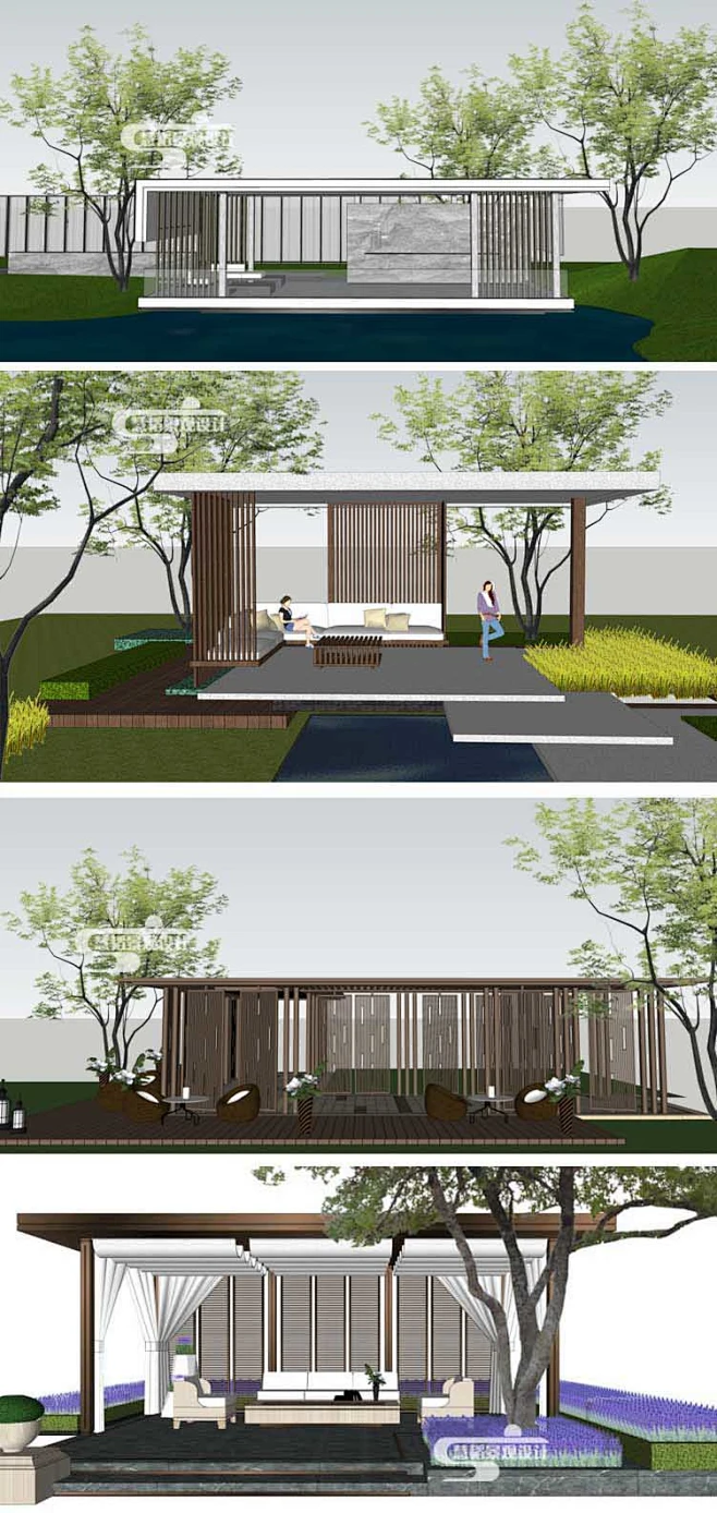 现代新亚洲新中式景观廊架SU模型地产构筑景观会客厅草图大师——淘宝网-花瓣网