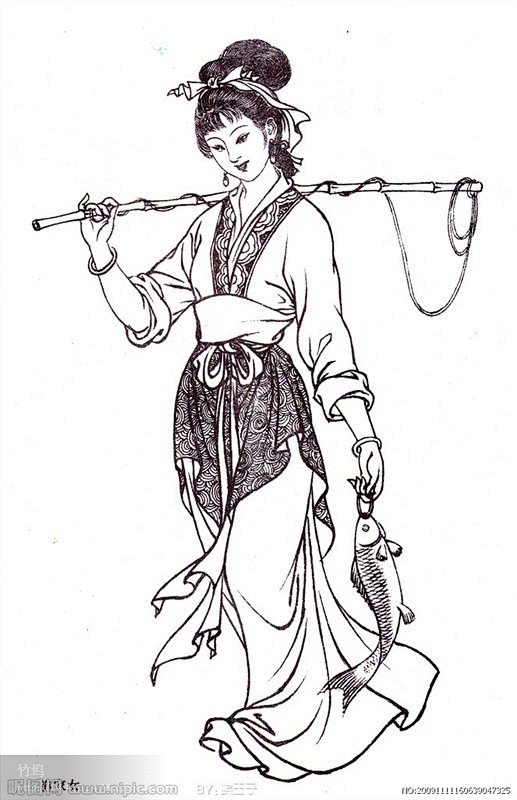 《白描图》水墨美女素材 - 彼岸桃花 -...