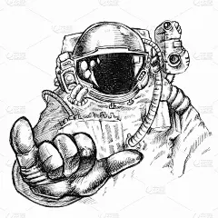 手绘奇妙的宇航员或宇航员戴着头盔和太空服，手伸出大拇指和小指手势，探索和宇宙冒险的概念