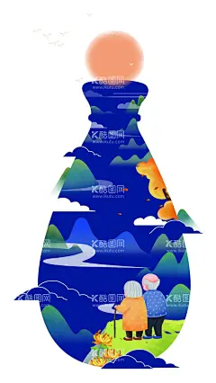 手绘  - 源文件下载【酷图网】手绘风景,矢量风景,风景,手绘山林,红日,手绘人物,老伴,相伴,伴侣