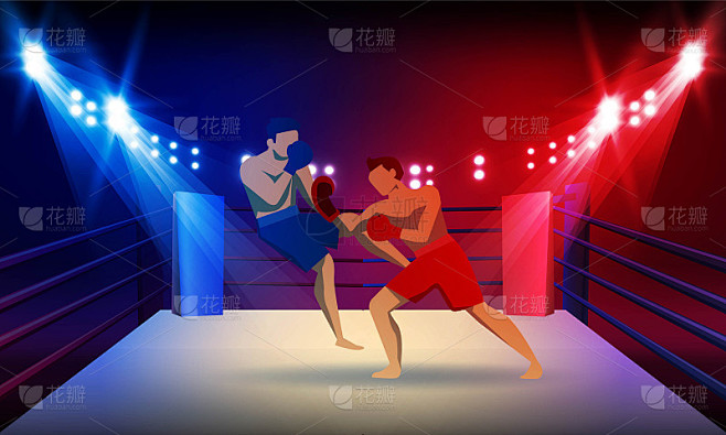 拳击手击倒拳击擂台和聚光灯矢量设计。
