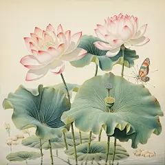 荷叶和蝴蝶，荷叶下有清澈的湖水，荷花海报