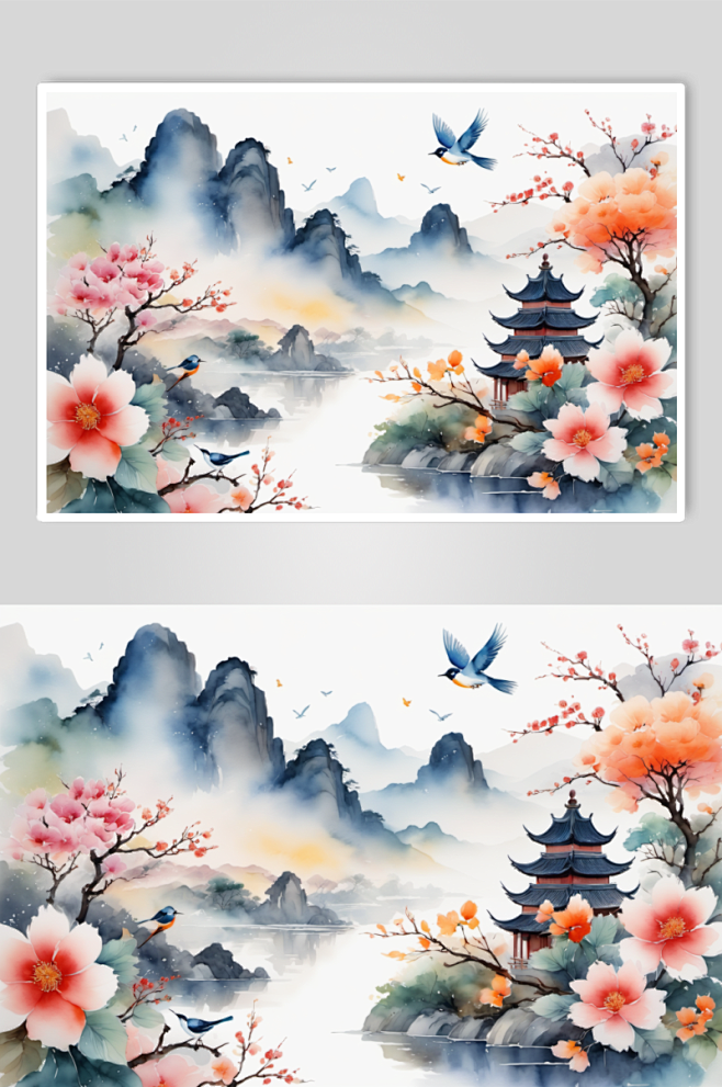 AI数字艺术水墨画山水画丹青美术插画