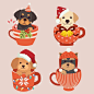 Premium Vector _ The collection of cute dog sitting in the mup cup圣诞节 christmas 圣诞老人 麋鹿 雪橇 雪人 云芬特 北极熊 企鹅 圣诞节装饰 可爱 有趣 圣诞 温馨 圣诞精灵 姜饼