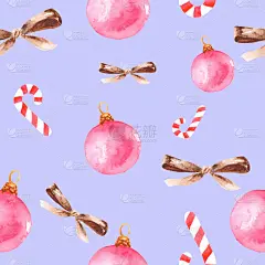 圣诞无缝图案与圣诞树玩具，焦糖棒和棕色弓。节日背景的纺织品，壁纸和包装。