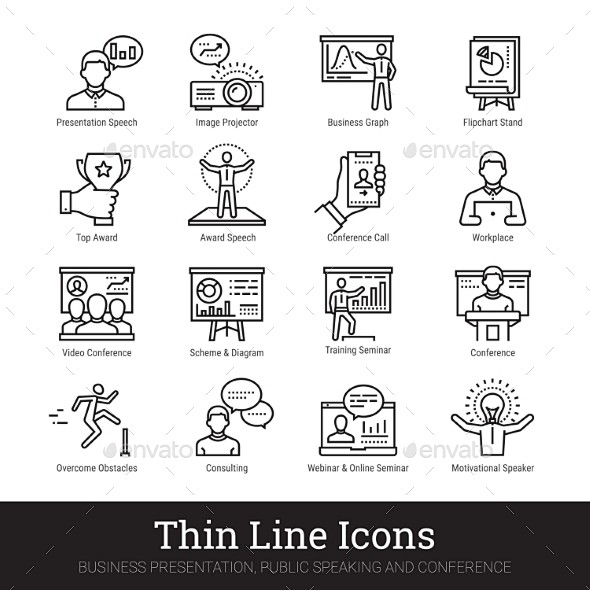业务演示,公共演讲线性图标——业务图标Business Presentation, Public Speech Linear Icons ...