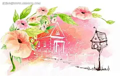 鲜花下的手绘房子构图卡通插画PSD|PSD分层素材|PSD素材|淡粉节日|底纹|房子|构图|韩国素材|卡通|可爱|绿藤|梦幻|喷绘|清淡|手绘|水彩|围栏|鲜花|鲜花下的手绘房子构图|信箱|邮筒|源文件