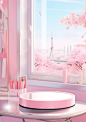 this mirror is displayed in a room with a big window, in the style of kawaii aesthetic, vignettes of paris, fujifilm eterna vivid 500t, coastal views, pink, photorealistic renderings, distinct stylistic range