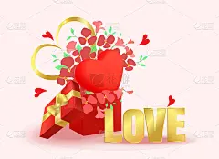 情人节设计。逼真的红色礼品盒。打开礼盒装满鲜花和心。假日横幅，网络海报，传单，时尚的小册子，贺卡，封