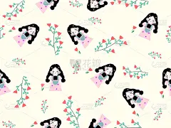 黄色背景上的女孩和花朵卡通人物