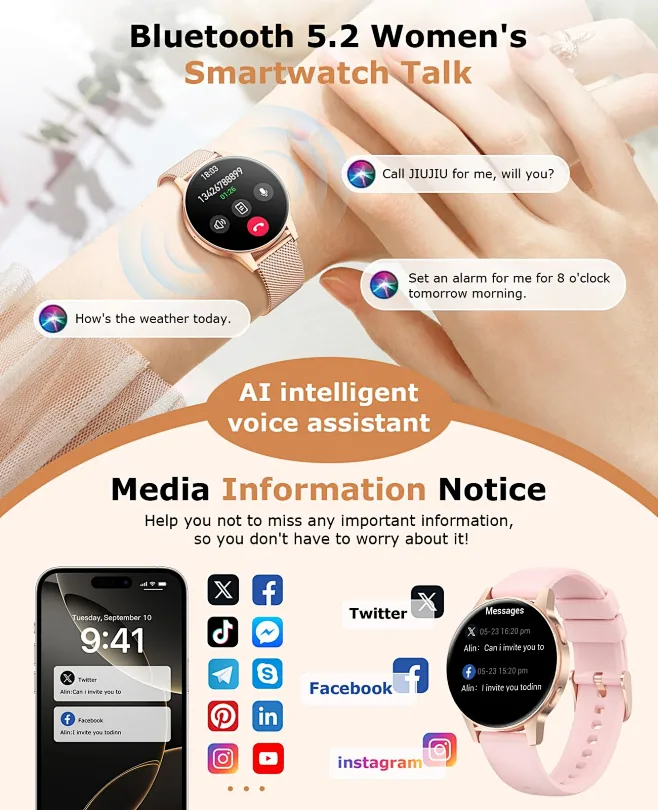 Miecgth Montre Connectée Femme avec SIRI/ET/HRV 1.75TFT Smartwatch