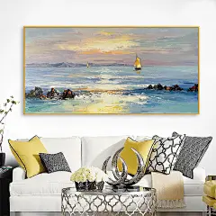 纯手绘大海风景油画海景现代轻奢入门玄关客沙发厅餐厅横版装饰画-淘宝网