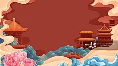 金色祥云青山环绕的古代宫殿楼阁古塔石桥与牡丹国风古典插画图片素材