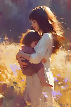 母亲的怀抱母亲节油画风插画